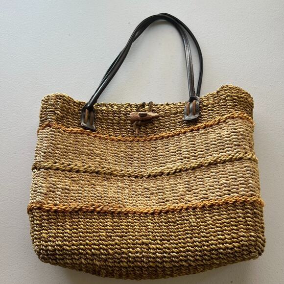 Woven Rope Bag Satchel Tote Leather Straps Handmade Philippines Excellent - Picture 1 of 14
